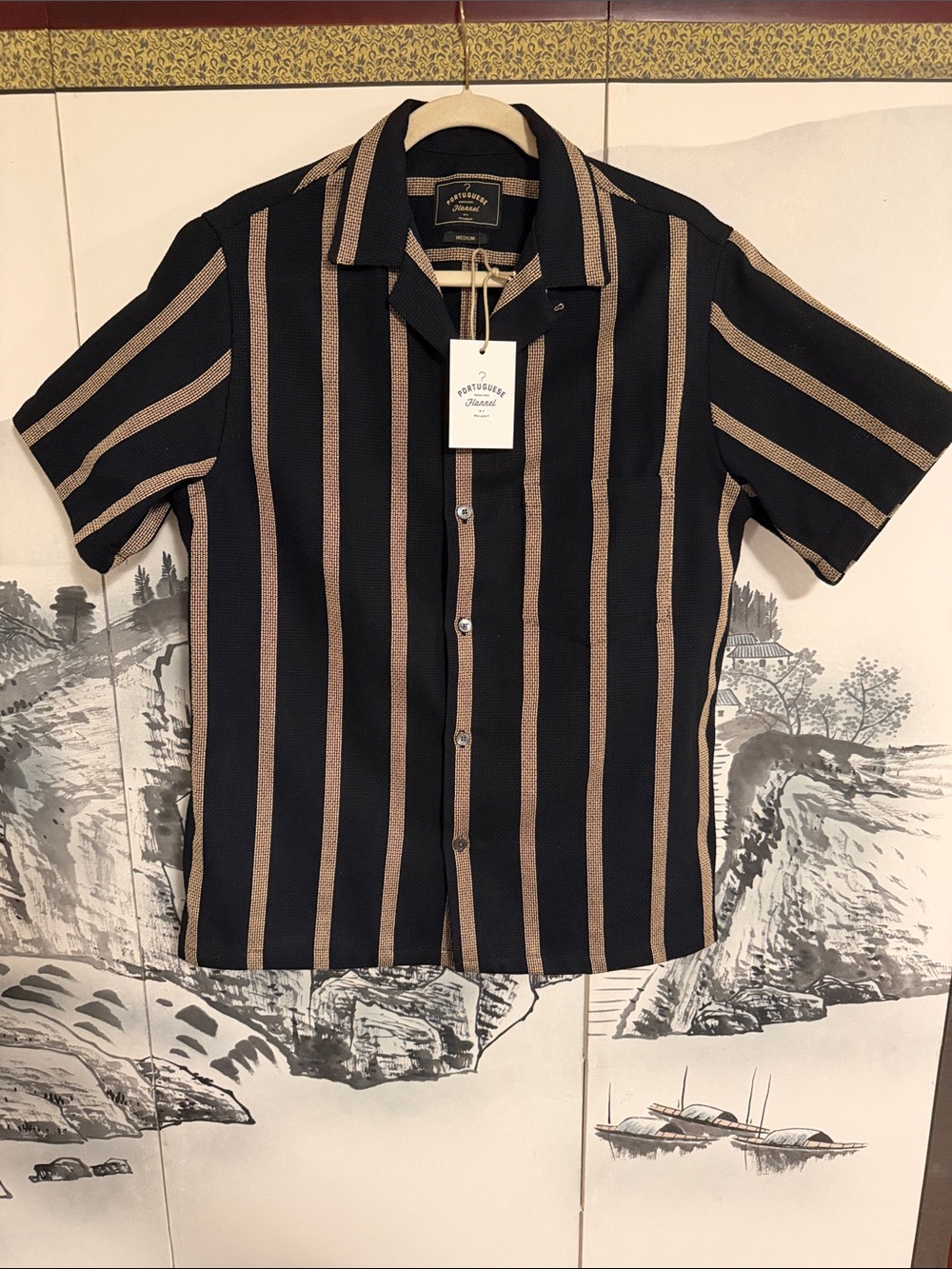 Portuguese Flannel Marques Black/Beige Camp Short-Sleeve Button Down - M